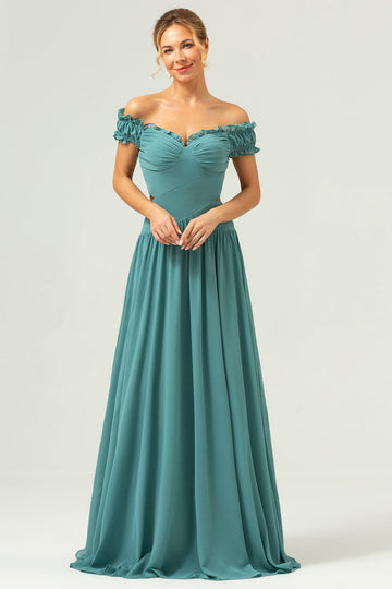 A-linje Off The Shoulder plissert chiffon grønn lang brudepikekjole